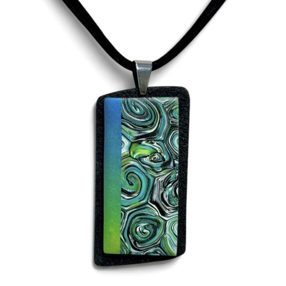 Handmade Blue & Green Abstract Nautilus Polymer Clay Large Pendant Necklace Cord
